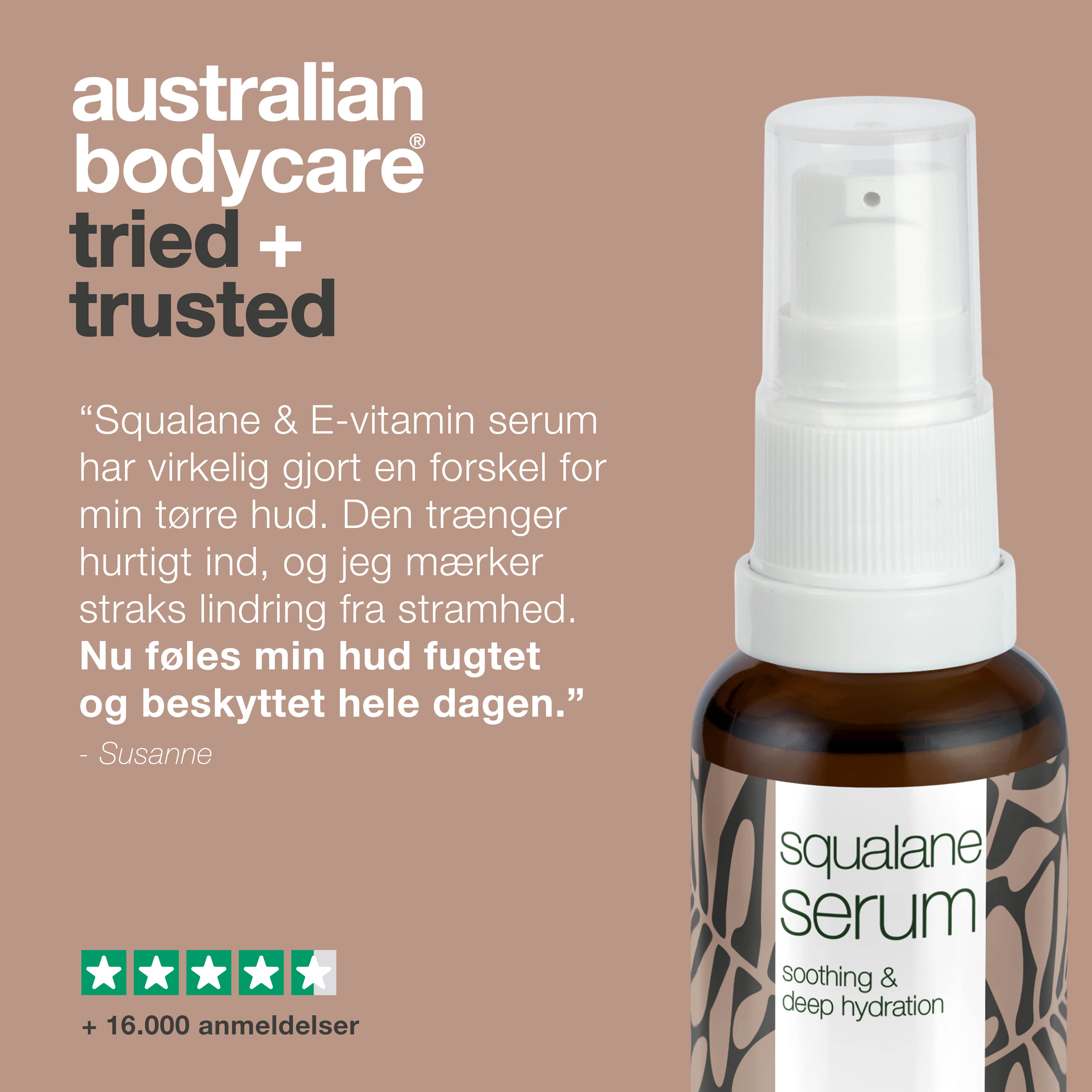 Fugtgivende ansigtsserum med Squalane & E-vitamin — Squalane & E-vitamin giver dyb hydrering til tør hud. Let, ikke-fedtet serum, der efterlader huden blød og smidig.