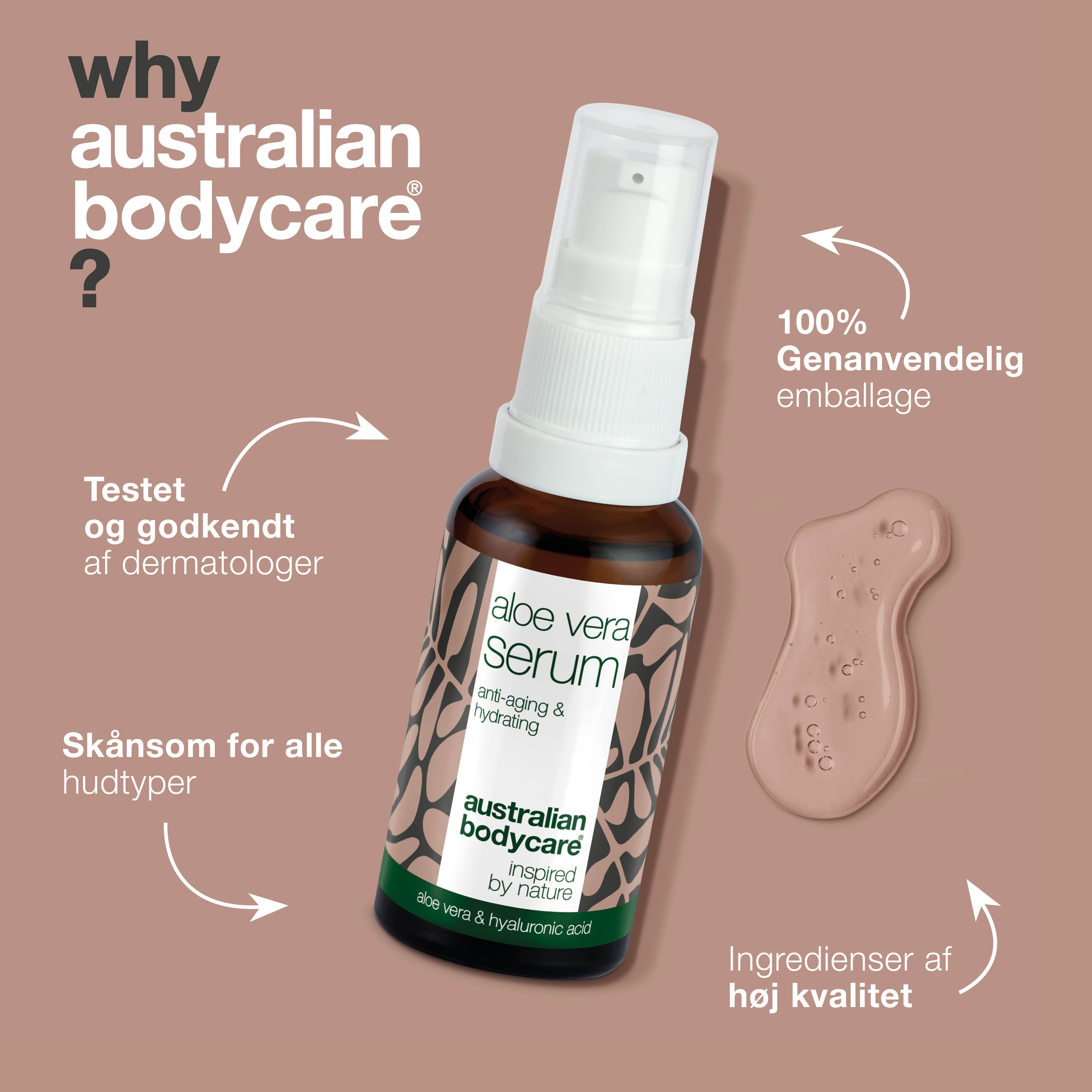 Aloe Vera & E-vitamin Serum – Reducerer rynker og fugter — Aloe Vera & E-vitamin Serum udjævner fine linjer og giver glød. Med hyaluronsyre, vitamin E og Kakadu Plum for fast og fugtmættet hud.