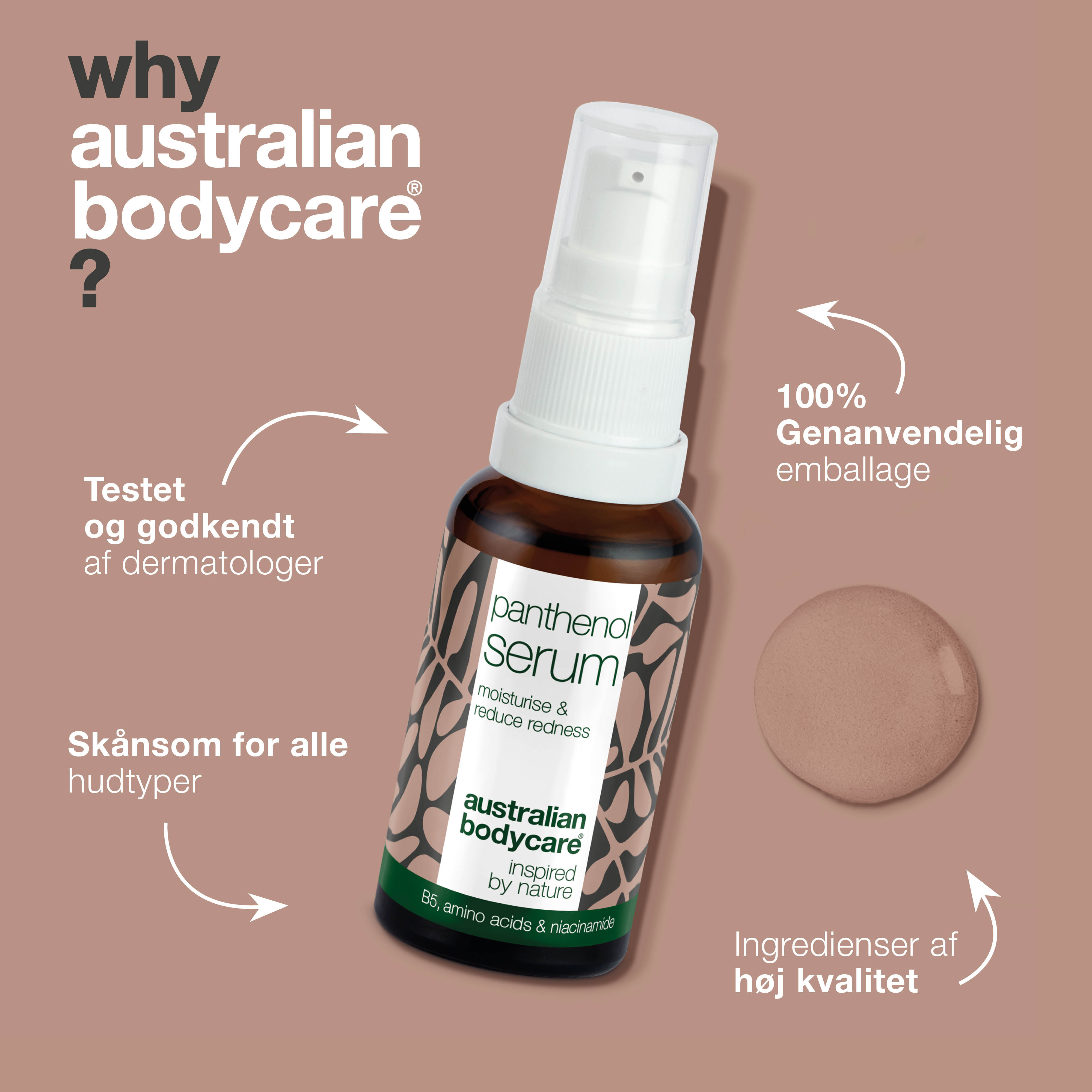 Panthenol Serum – Pleje mod rødme, rosacea & tør hud — Panthenol Serum fugter og beroliger rødme, rosacea & tør hud. Styrker hudbarrieren og reducerer irritation. Perfekt til sensitiv hud.