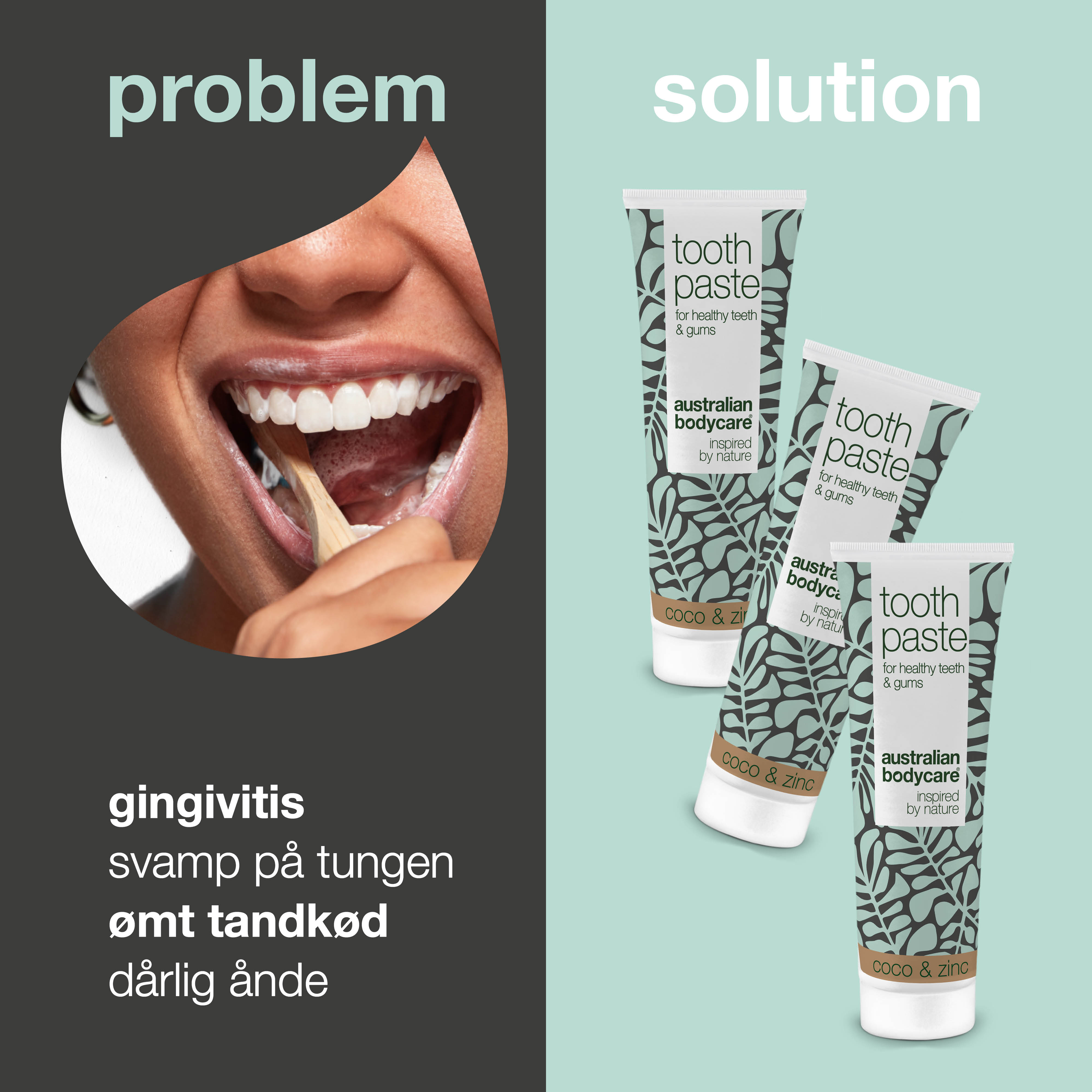 3 stk. Tea Tree Oil Tandpasta Kokos & Zink — Til daglig pleje ved paradentose, svamp og tandkødsbetændelse