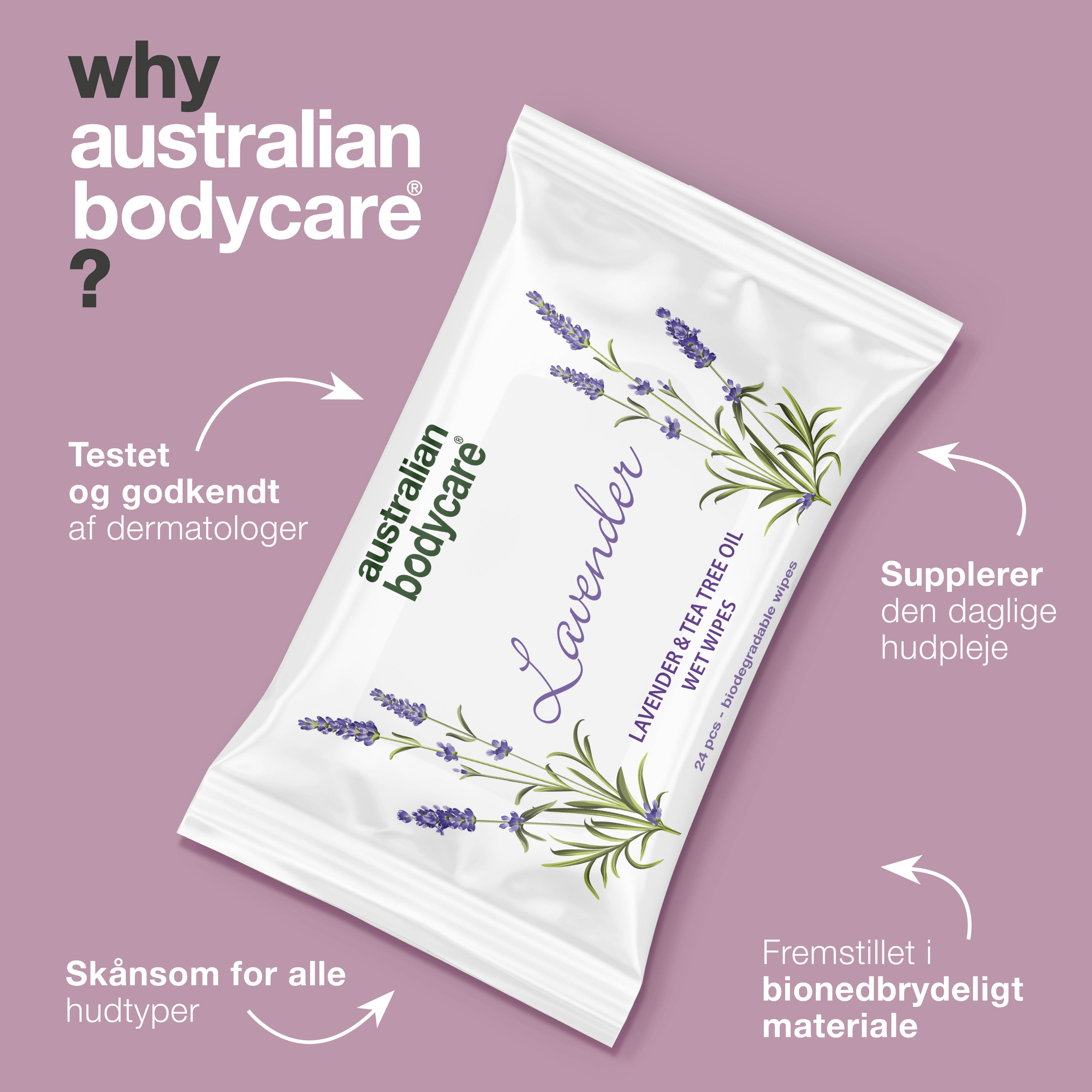 Vådservietter med Lavendel & Tea Tree Oil 24 stk. — Til rens og fugtpleje af ansigt og krop