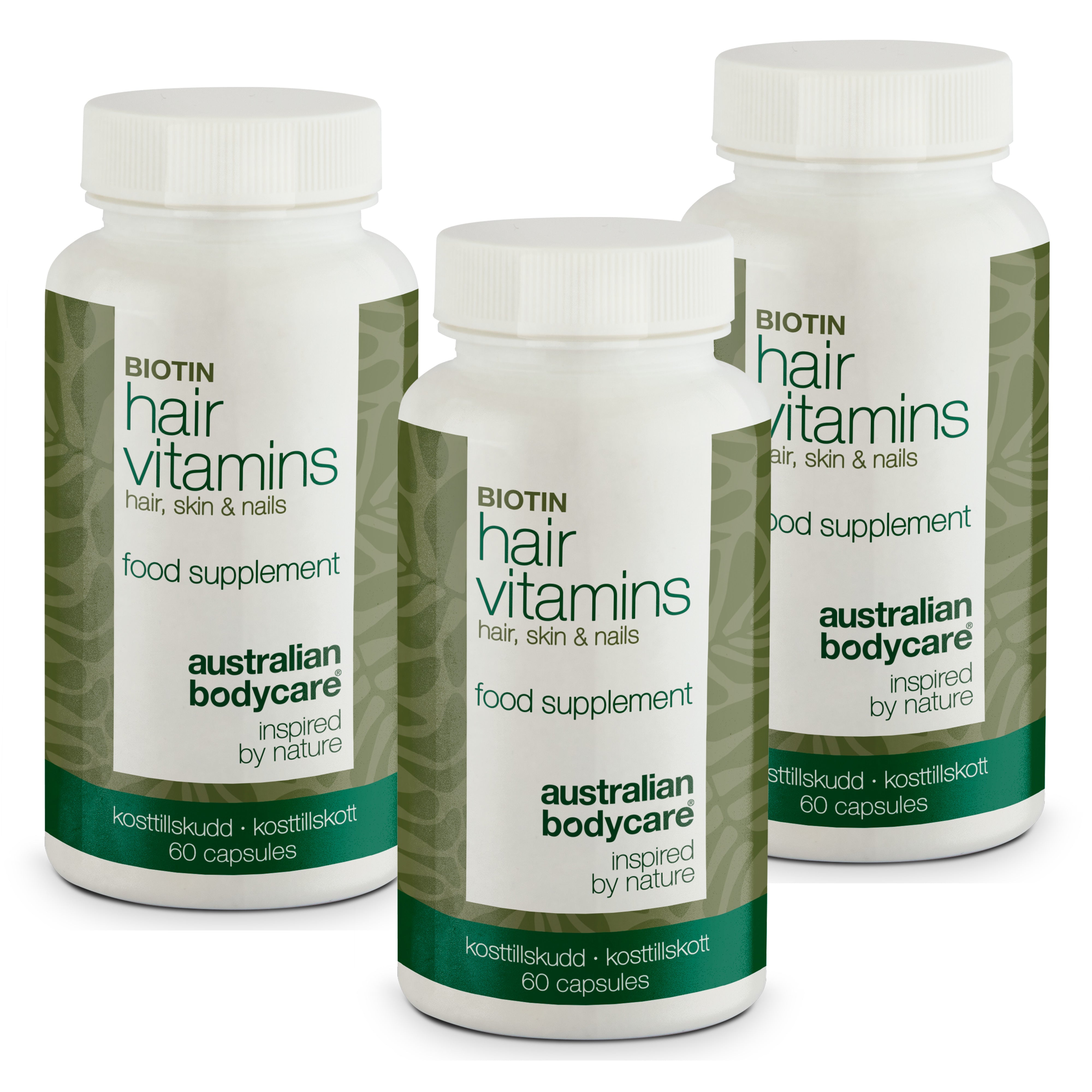 Hårvitaminer med Biotin — Vitaminer med højt indhold af biotin, som bidrager til at vedligeholde et normalt hår.