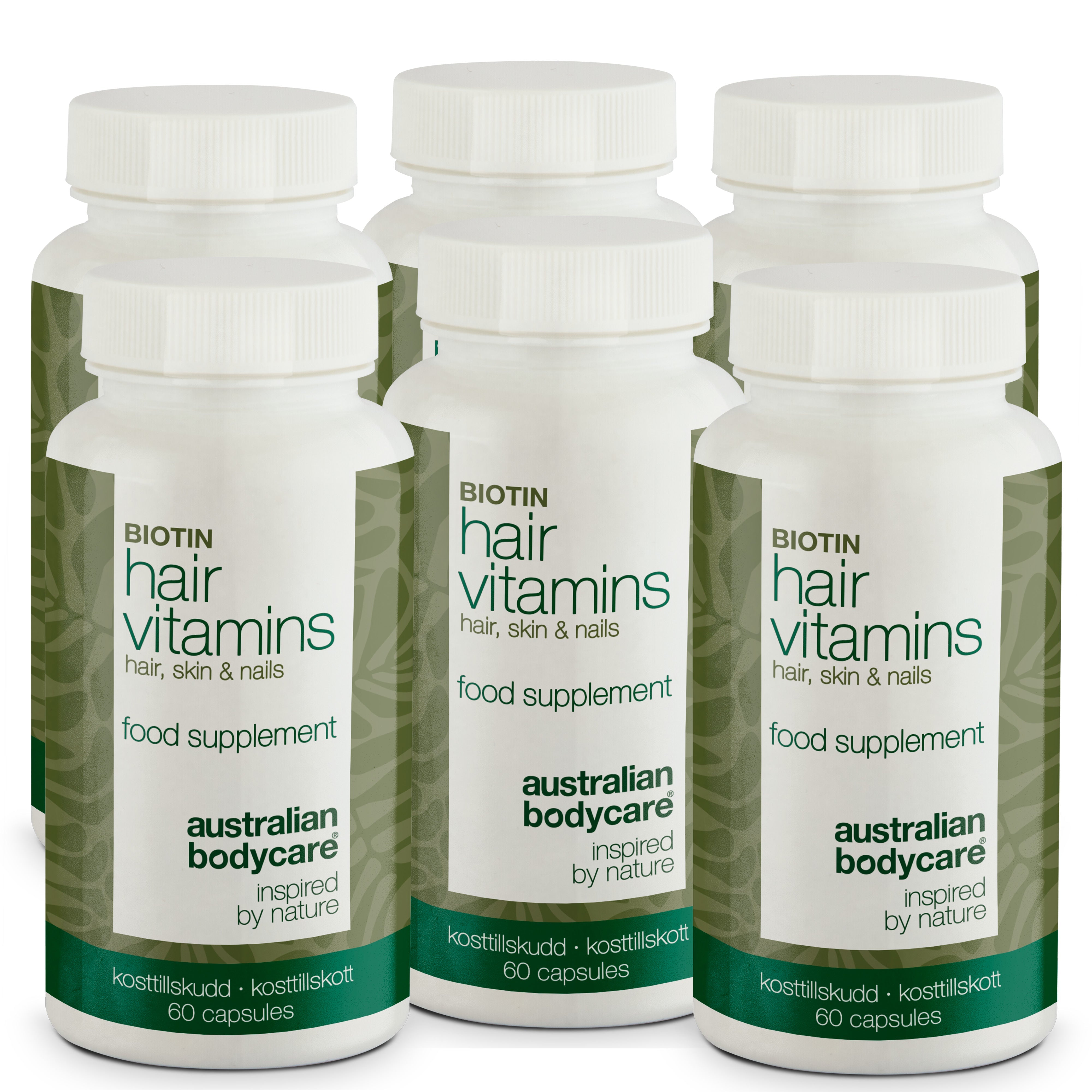 Hårvitaminer med Biotin — Vitaminer med højt indhold af biotin, som bidrager til at vedligeholde et normalt hår.