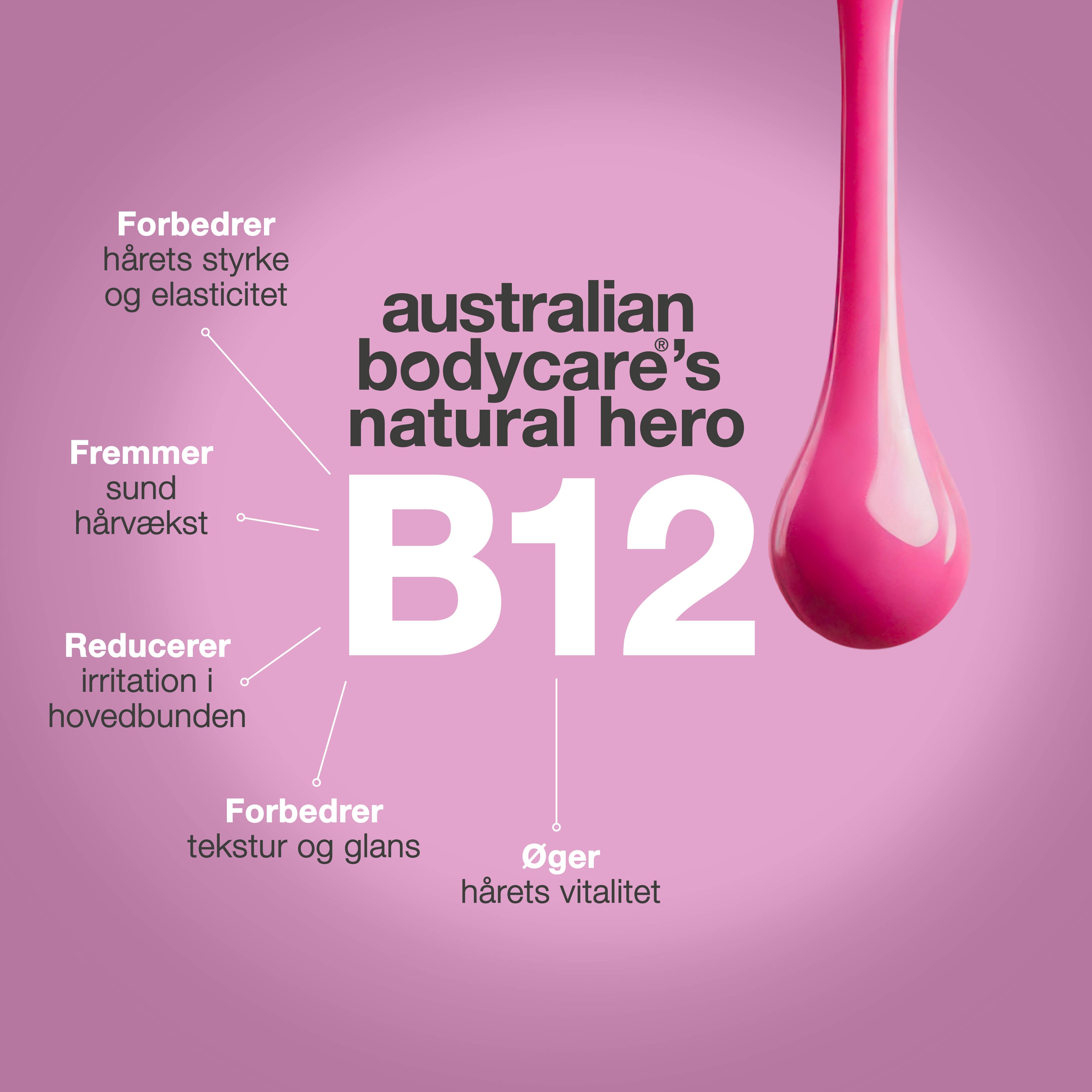 Vitamin B12 Hårshampoo – styrker og reparerer skadet hår — Vitamin B12 Hårshampoo plejer tørt, svækket hår og beskytter med bond-effekt. Beriget med Vitamin B12, Elaya Renova™ og Glycerin.