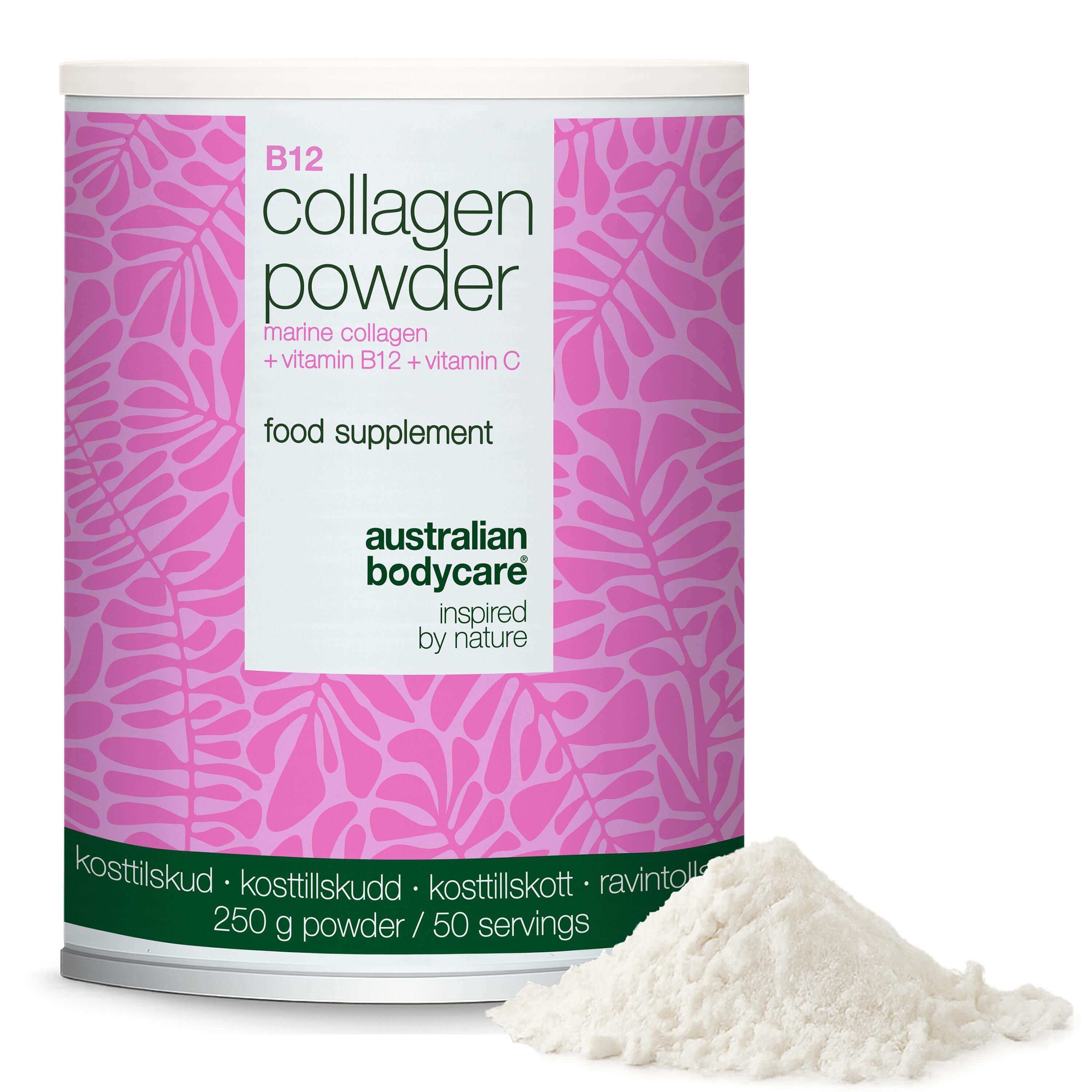 Kollagenpulver med B12 og C-vitamin – 250 g marinekollagen — Kollagenpulver til daglig brug i mad og drikke. Indeholder marint kollagen, C-vitamin og B12-vitamin.