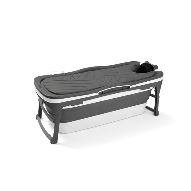 Foldebadekar til voksne med låg - 143cm/grå. Ekstra 300 cm. slange, sort badepude, lækker opbevaringspose samt ekstra prop inkl. Værdi kr. 798,-.