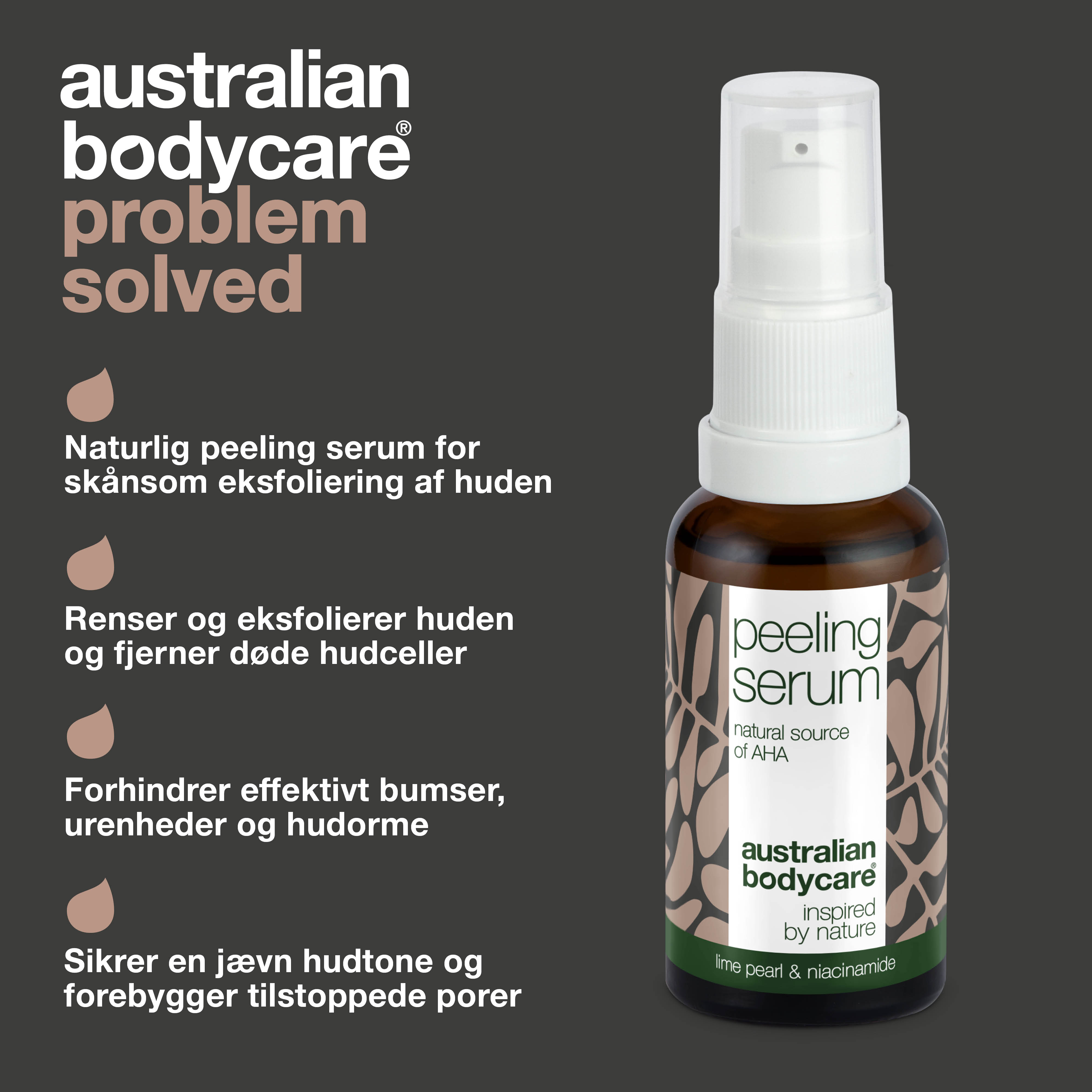 AHA Peeling Serum – Eksfoliering for glattere og friskere hud — AHA Peeling Serum fjerner døde hudceller, udjævner hudens tekstur og giver en sund glød. Med Lime Pearl, Niacinamid og Allantoin.