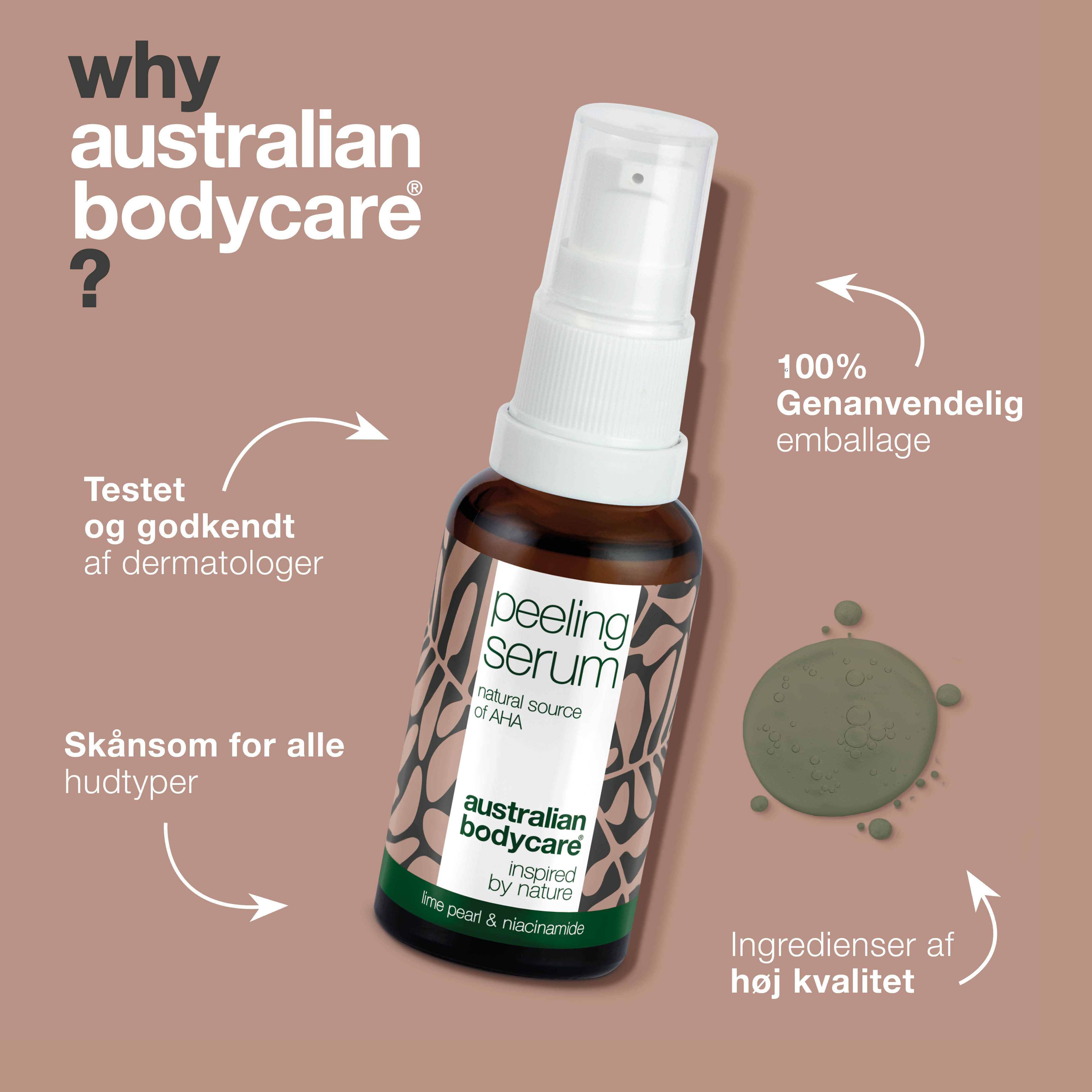 AHA Peeling Serum – Eksfoliering for glattere og friskere hud — AHA Peeling Serum fjerner døde hudceller, udjævner hudens tekstur og giver en sund glød. Med Lime Pearl, Niacinamid og Allantoin.