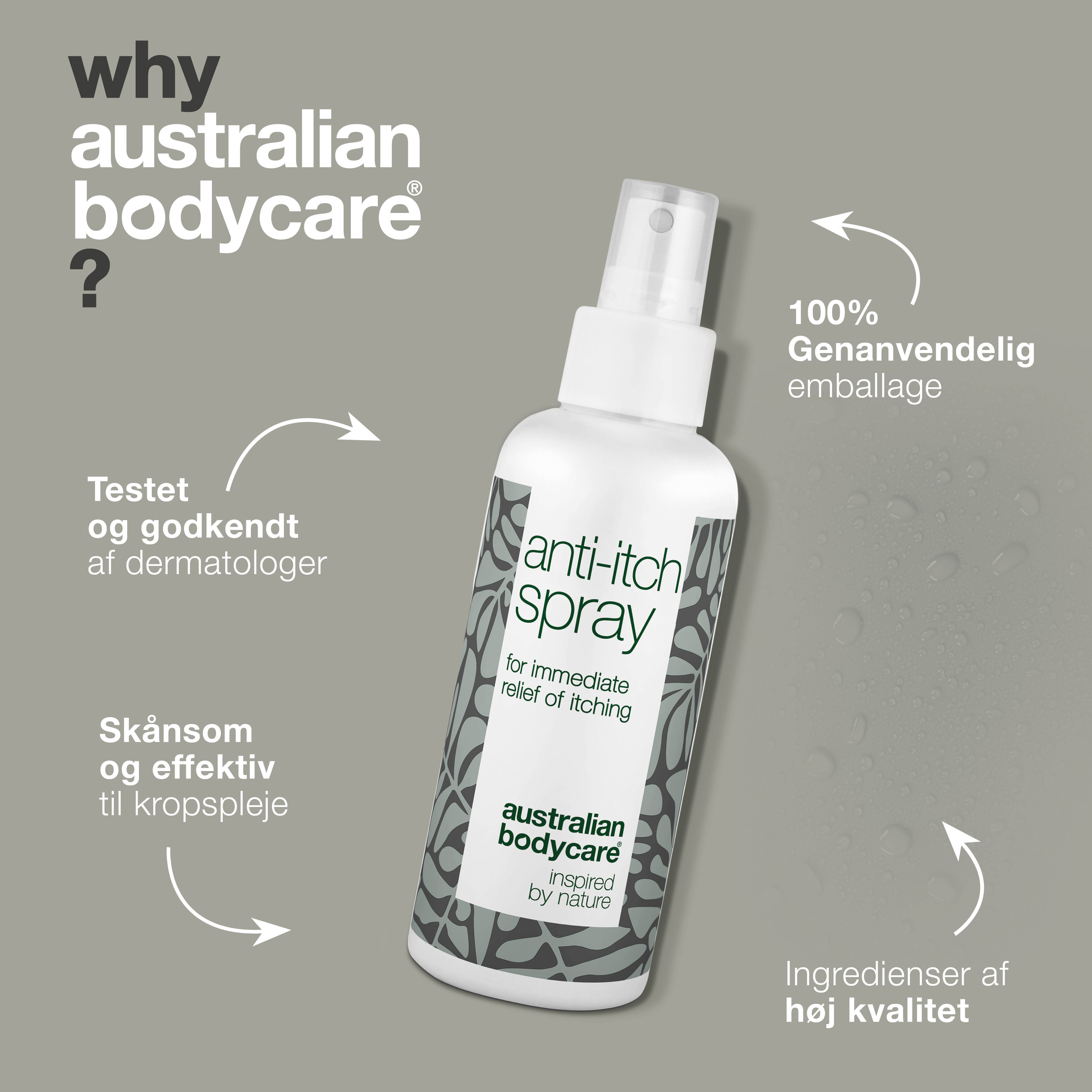 Spray til pleje ved kløende og irriteret hud på kroppen, ryggen & benene — Beroligende og lindrende til irriteret hud