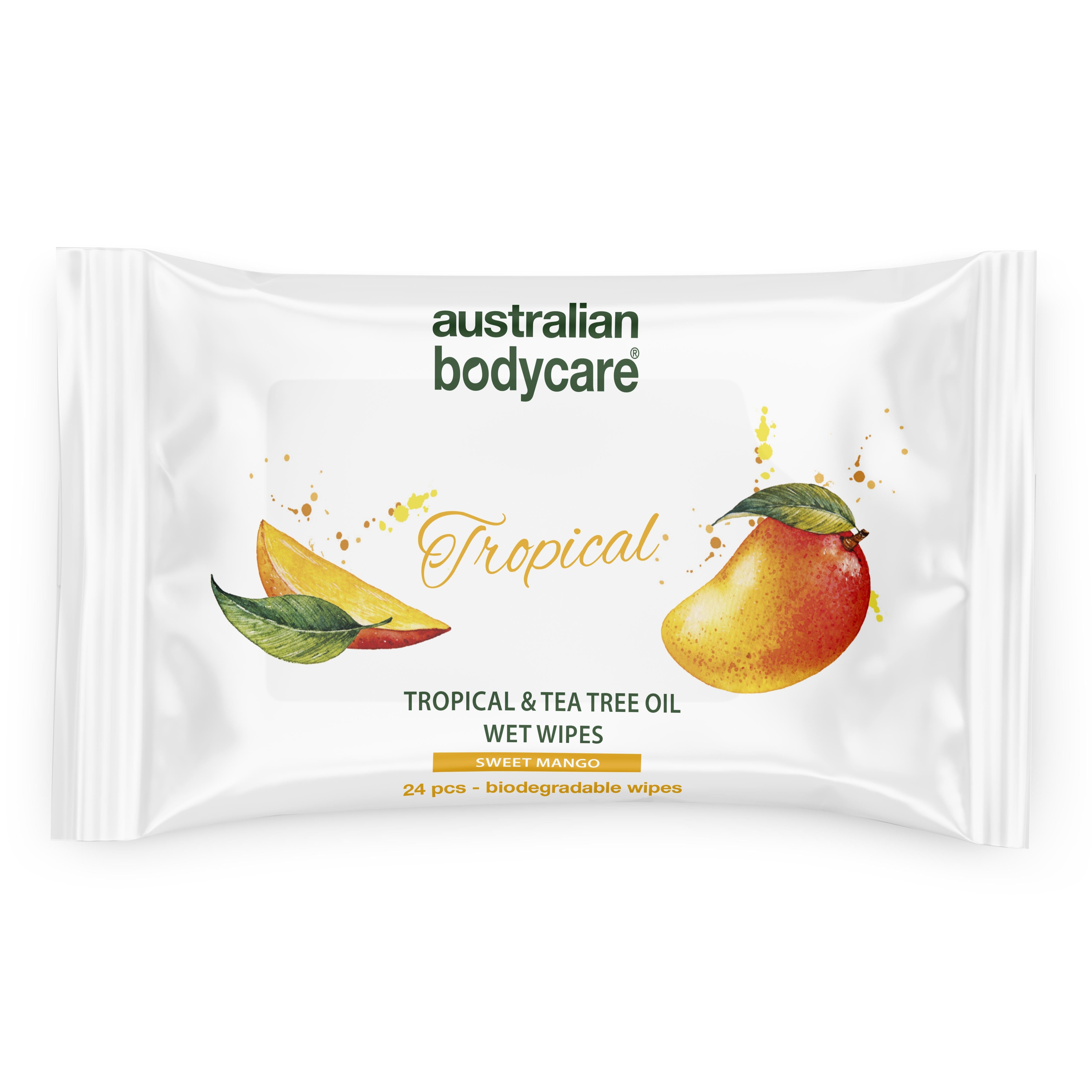 Tropical Vådservietter med Mango & Tea Tree Oil 24 stk. — Til daglig rens af krop og ansigt