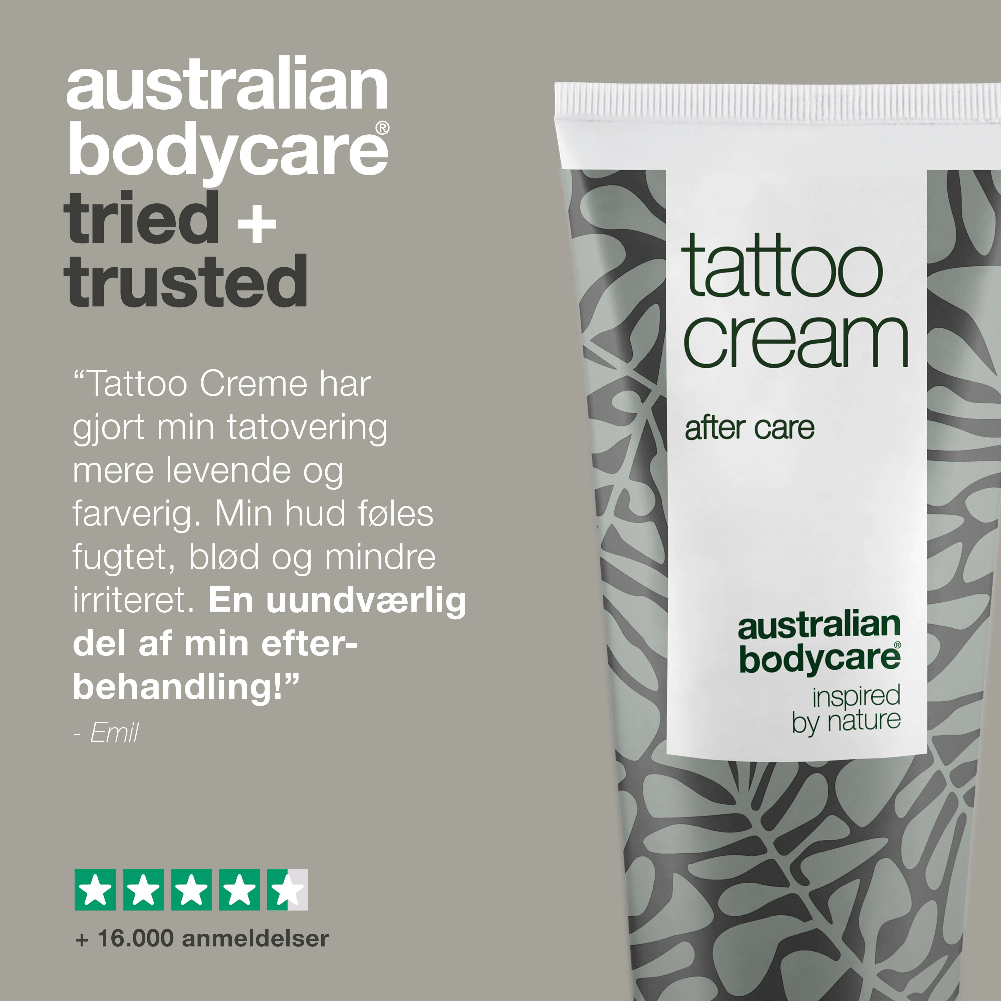 Tattoo Creme – Fugter, beroliger og bevarer farven — Tattoo Creme med Panthenol og Ricinusolie fugter, beskytter og plejer både nye og gamle tatoveringer. Holder farverne friske.