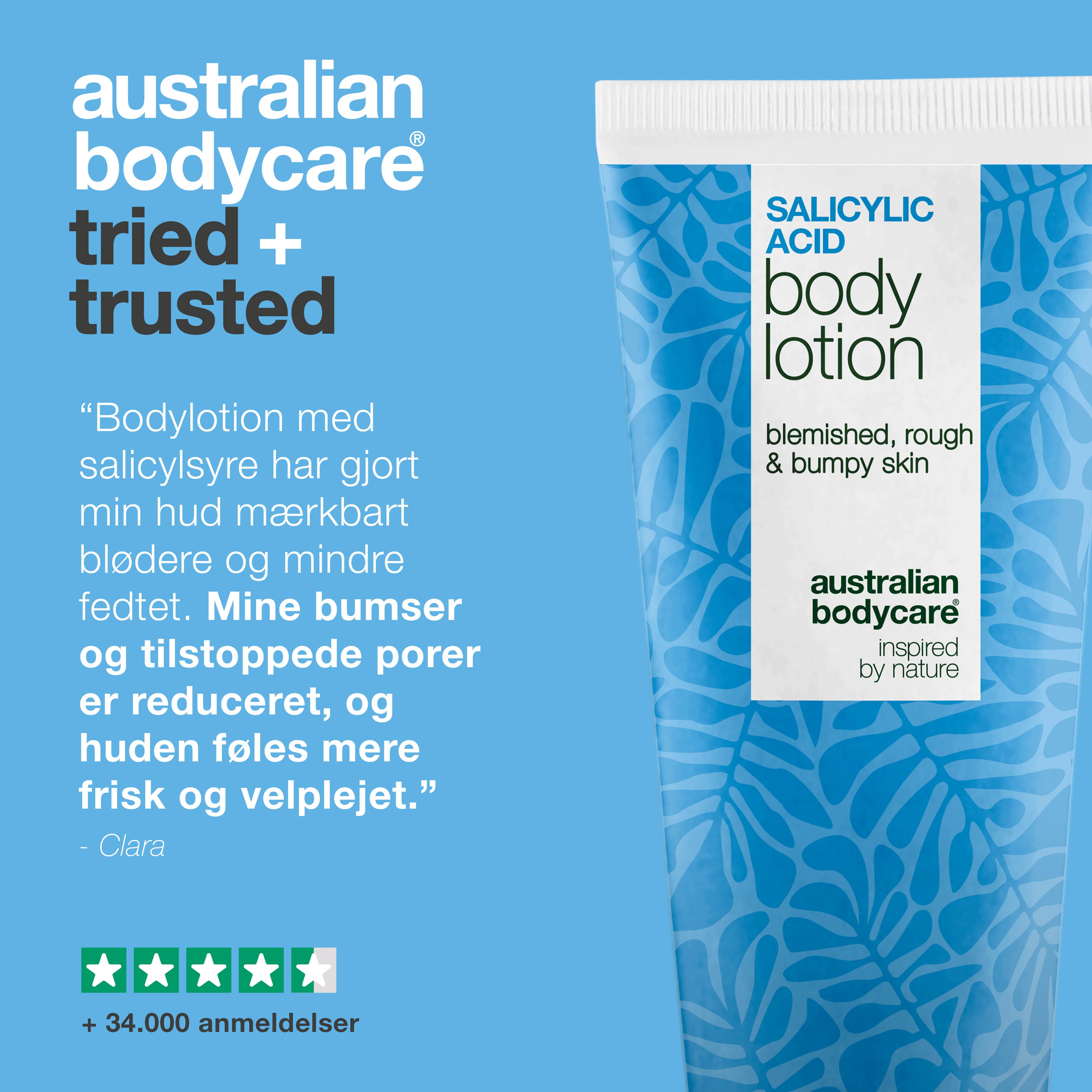 Body Lotion med salicylsyre – mod bumser og tør hud — Body lotion med salicylsyre eksfolierer, fugter og reducerer bumser, uren hud og tørre områder. Perfekt til daglig hudpleje.