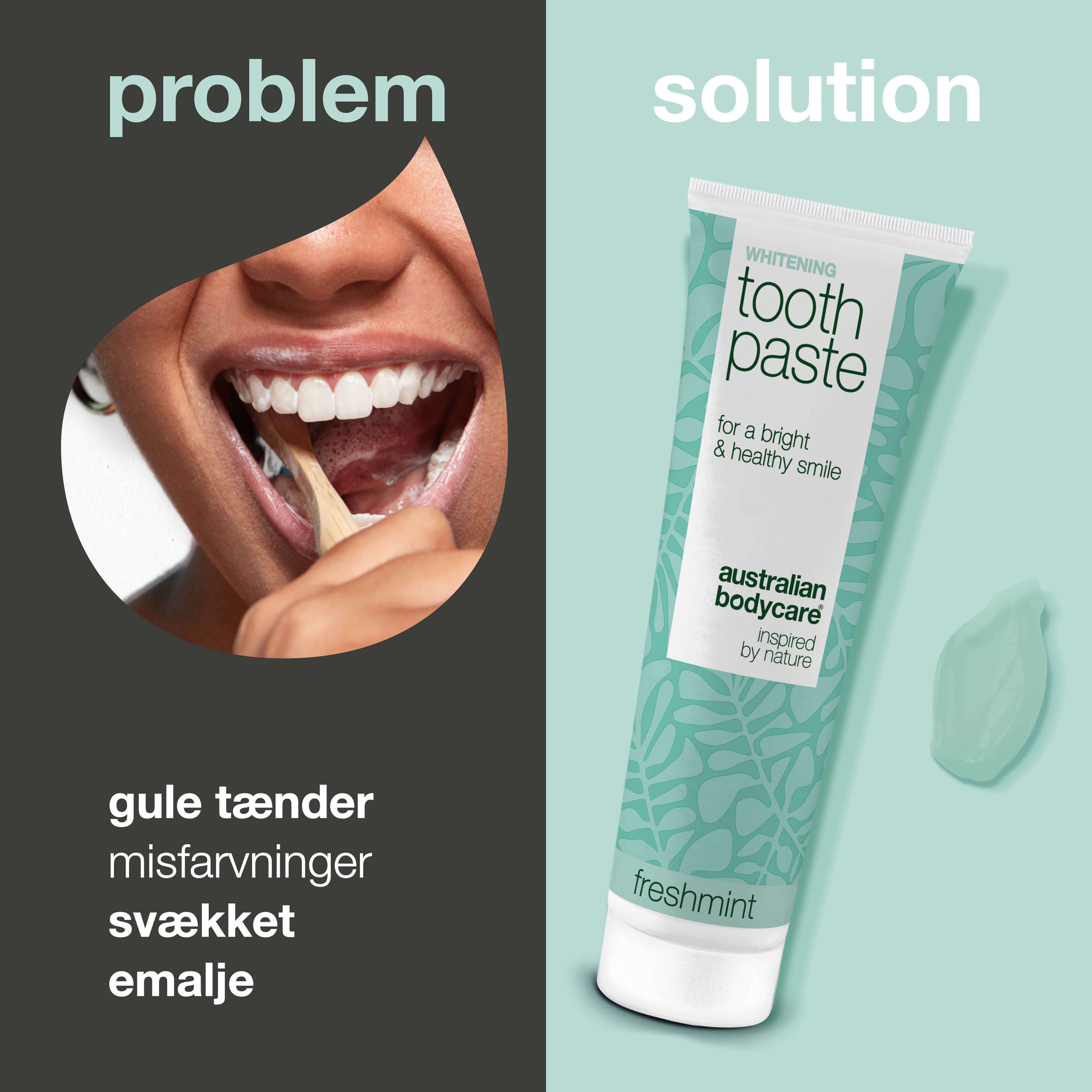 Whitening tandpasta – Fjerner misfarvninger og giver hvide tænder — Whitening tandpasta, der bekæmper gule tænder og styrker emaljen. Med hydreret silica, alumina og menthol for frisk ånde.