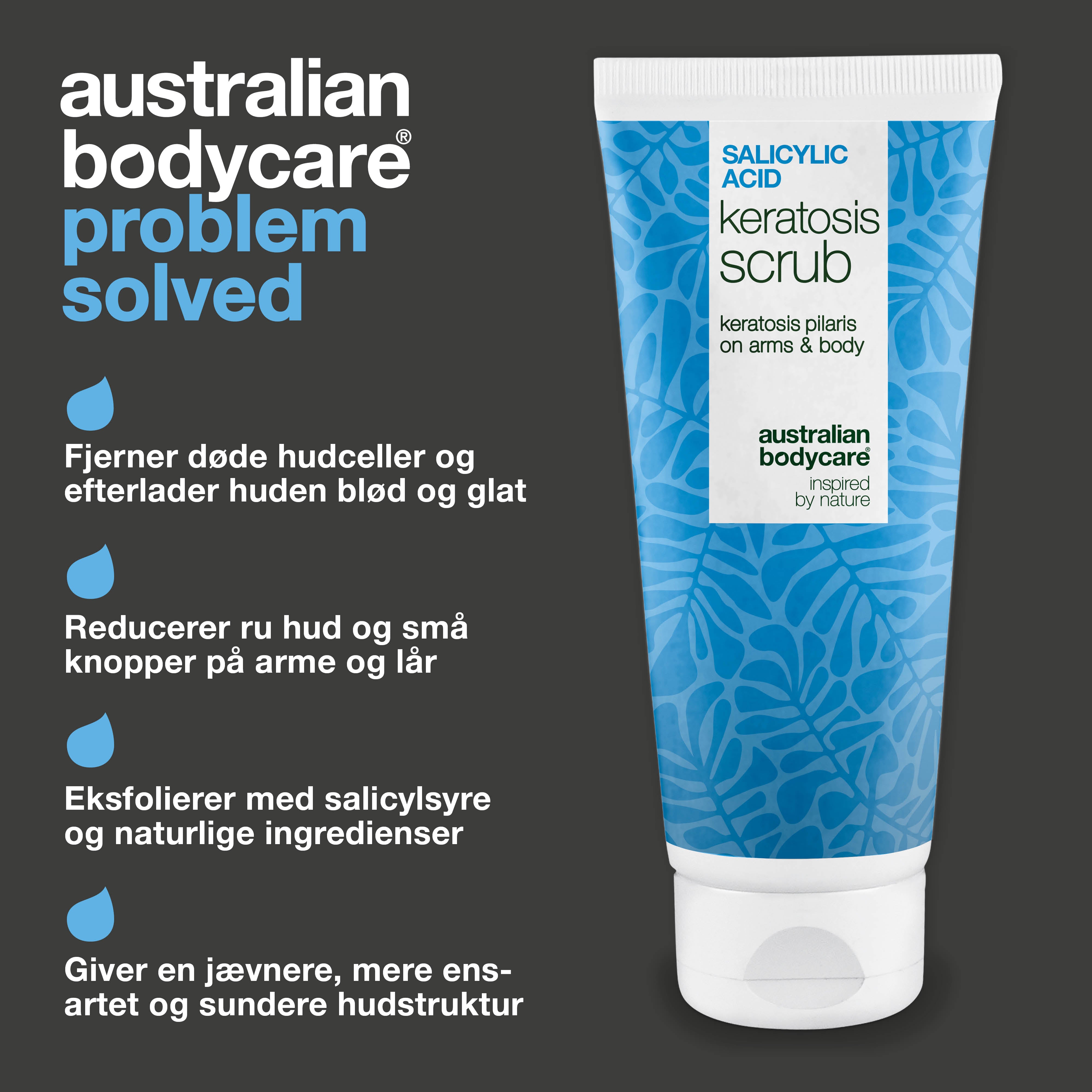 Keratosis Pilaris Body Scrub mod ru hud og knopper — Keratosis Pilaris Body Scrub mod ru hud og knopper. Eksfolierer og blødgør med salicylsyre, glykolsyre og glycerin.