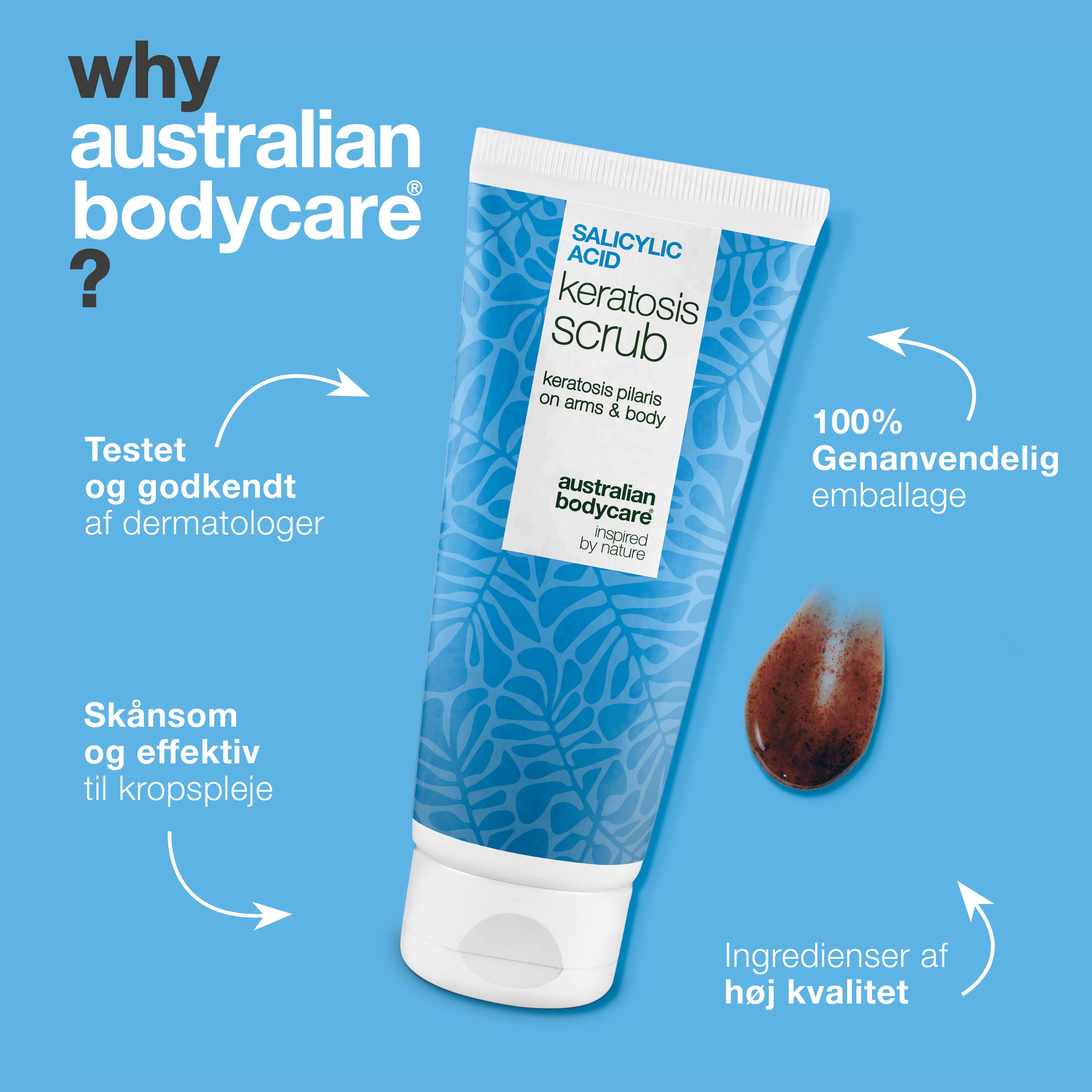Keratosis Pilaris Body Scrub mod ru hud og knopper — Keratosis Pilaris Body Scrub mod ru hud og knopper. Eksfolierer og blødgør med salicylsyre, glykolsyre og glycerin.